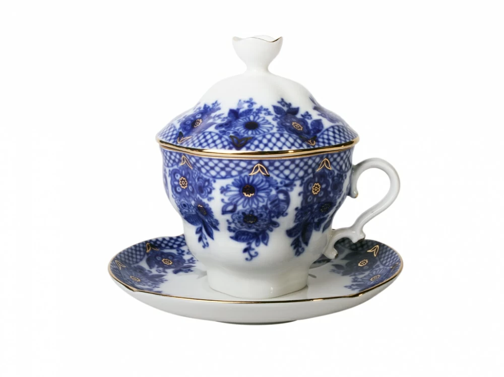 Императорский фарфоровый завод Чашка с блюдцем и с крышкой чайная 250 мл Подарочная-2 Гирлянда арт. 81.14350.00.1