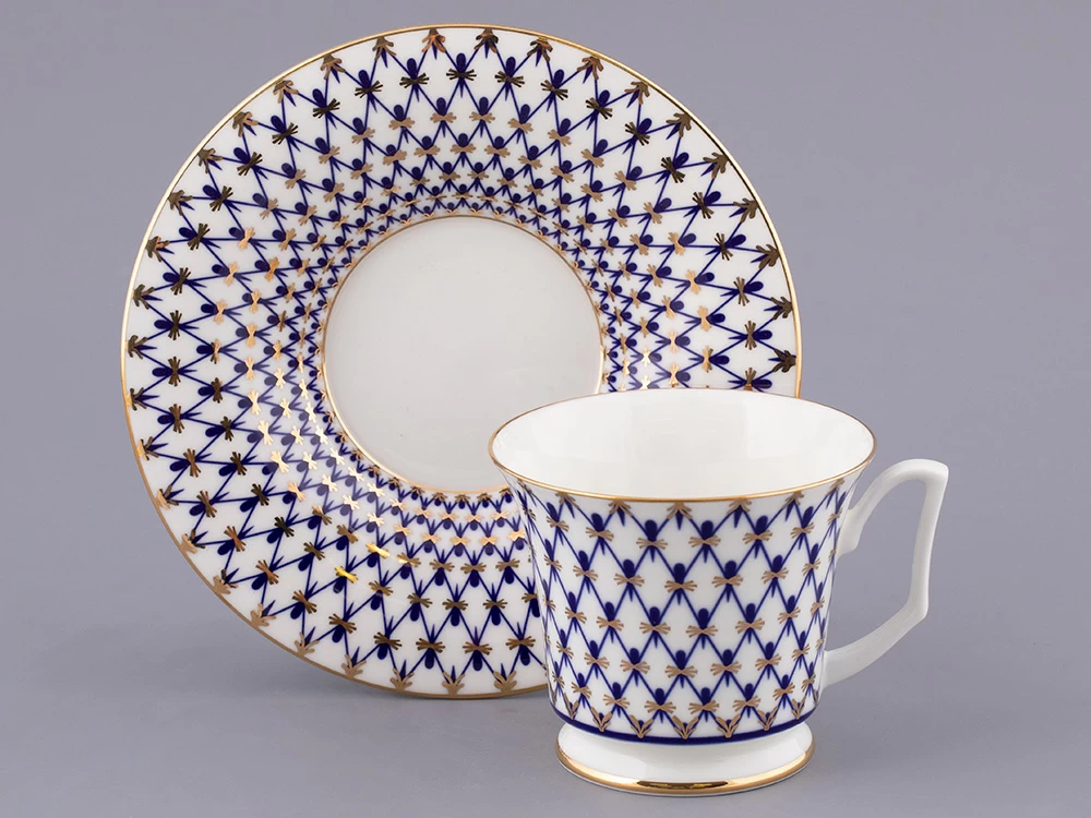 Императорский фарфоровый завод Чашка с блюдцем чайная форма Юлия рисунок Кобальтовая сетка арт. 81.26235.00.1