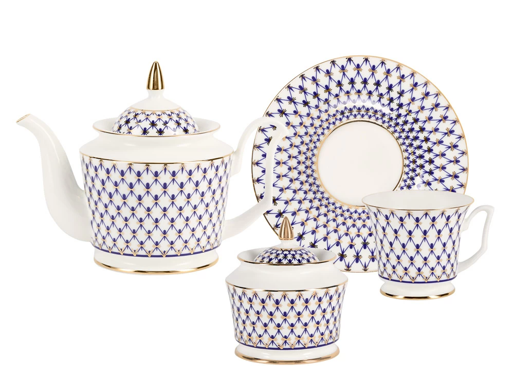 Императорский фарфоровый завод Сервиз чайный форма Юлия рисунок Кобальтовая сетка, 6 персон 14 предметов арт. 81.26236.00.1
