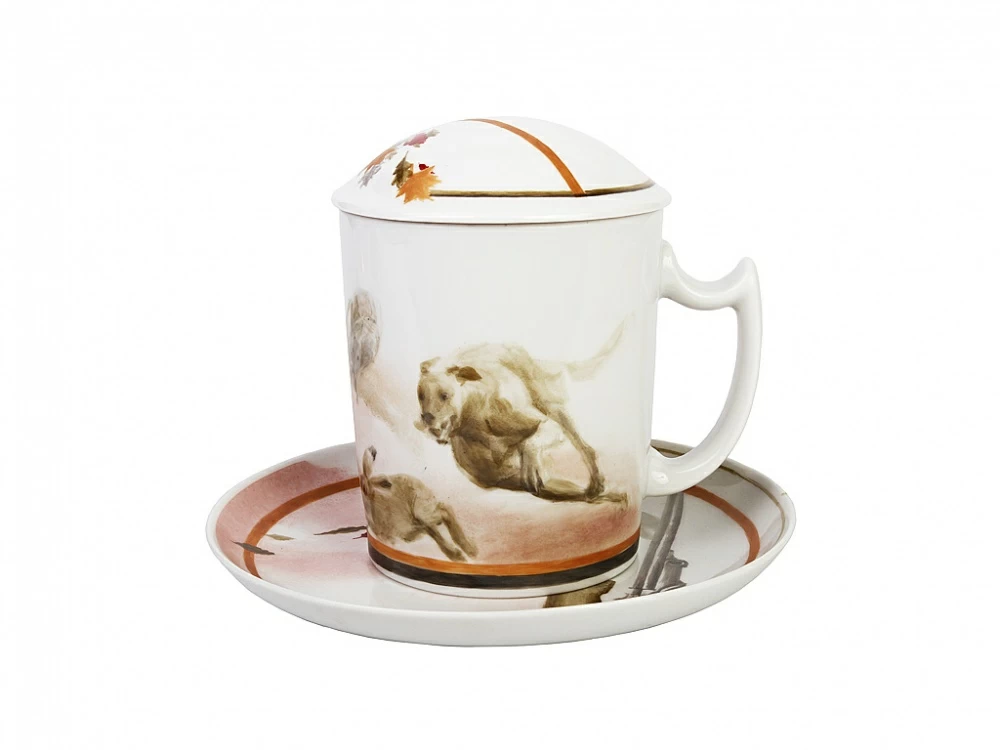 Бокал с блюдцем и с крышкой 380 мл форма Снежное Утро рисунок Осенняя охота арт. 81.23092.00.1