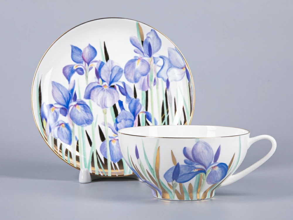 Императорский фарфоровый завод Чашка с блюдцем чайная 300мл, форма Купольная, рисунок Ирисы 2, арт 81.29657.00.1