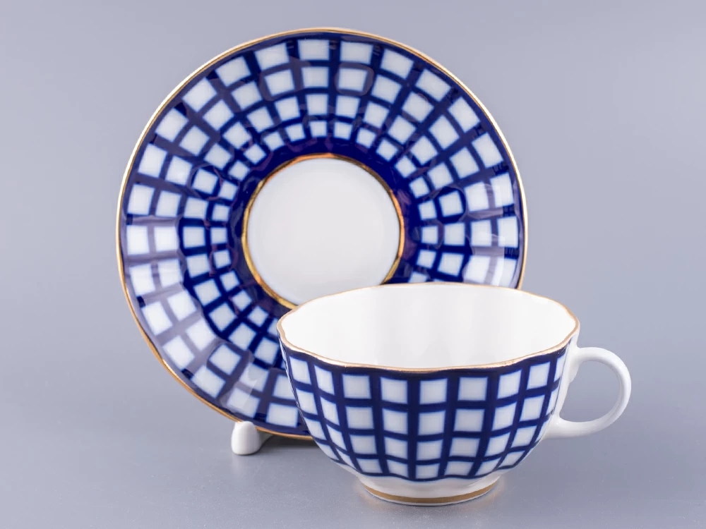 Чашка с блюдцем чайная 250 мл форма Тюльпан рисунок Кобальтовая клетка арт. 81.14860.00.1