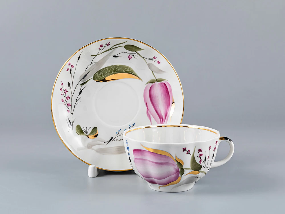 Чашка с блюдцем чайная 250 мл форма Тюльпан рисунок Розовые тюльпаны арт. 81.10016.00.1